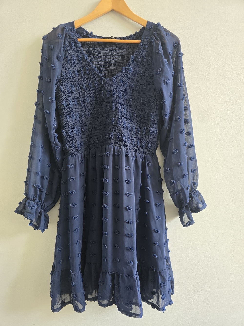 BTFBM Navy Swiss Dot Smocked Long Sleeve Mini Dress Large